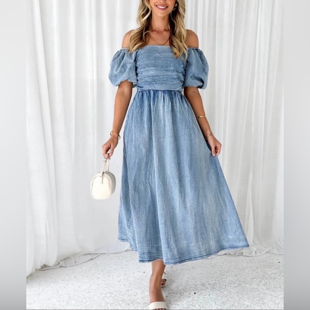 ASOS Denim Off-Shoulder Blue Midi Dress Large